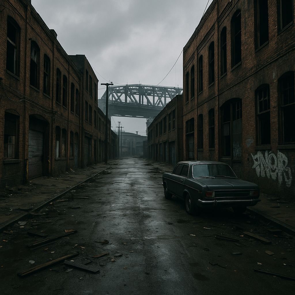 Desolate Industrial Street with Vintage Car in Moody Atmosph...