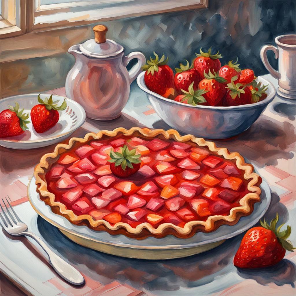 Strawberry Pie in Gouache Style Impressionist Painting
