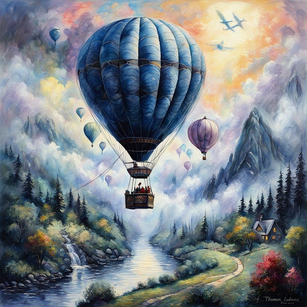 Hot Air Balloon Charcoal Drawing in Impressionist Style