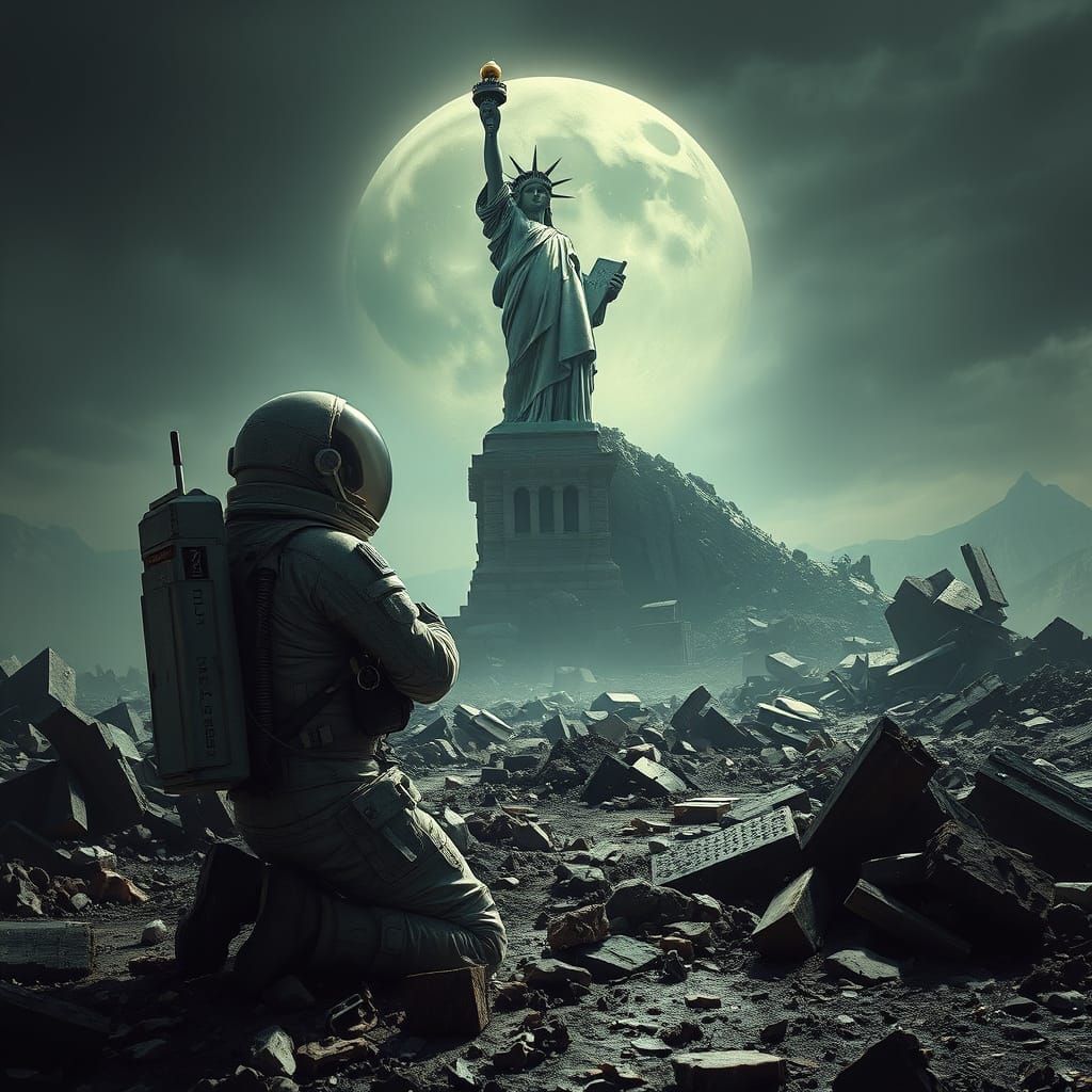 Astronaut's Grief in Post-Apocalyptic Ruins