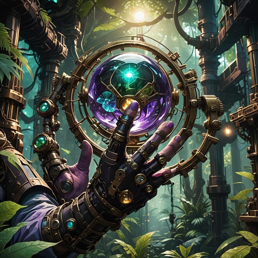 Cybernetic Creature Clutching Orb in Steampunk Jungle