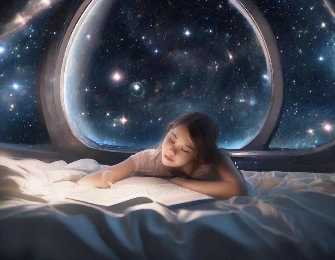 Children Reading in Space Station Bedroom