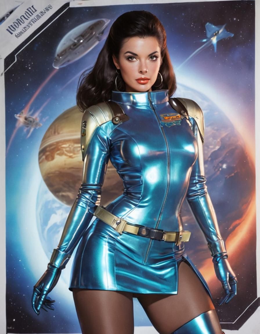 Retro Sci-Fi Pinup Poster with Spaceship and Robot