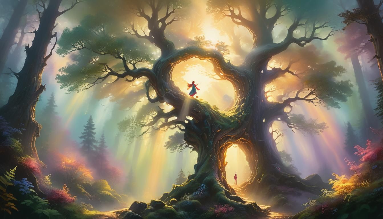Ethereal Fantasy: Mystical Being Embracing Glowing Tree