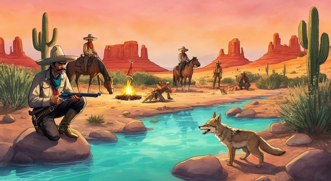Vibrant Wild West Scene in Comic Book Watercolor Style