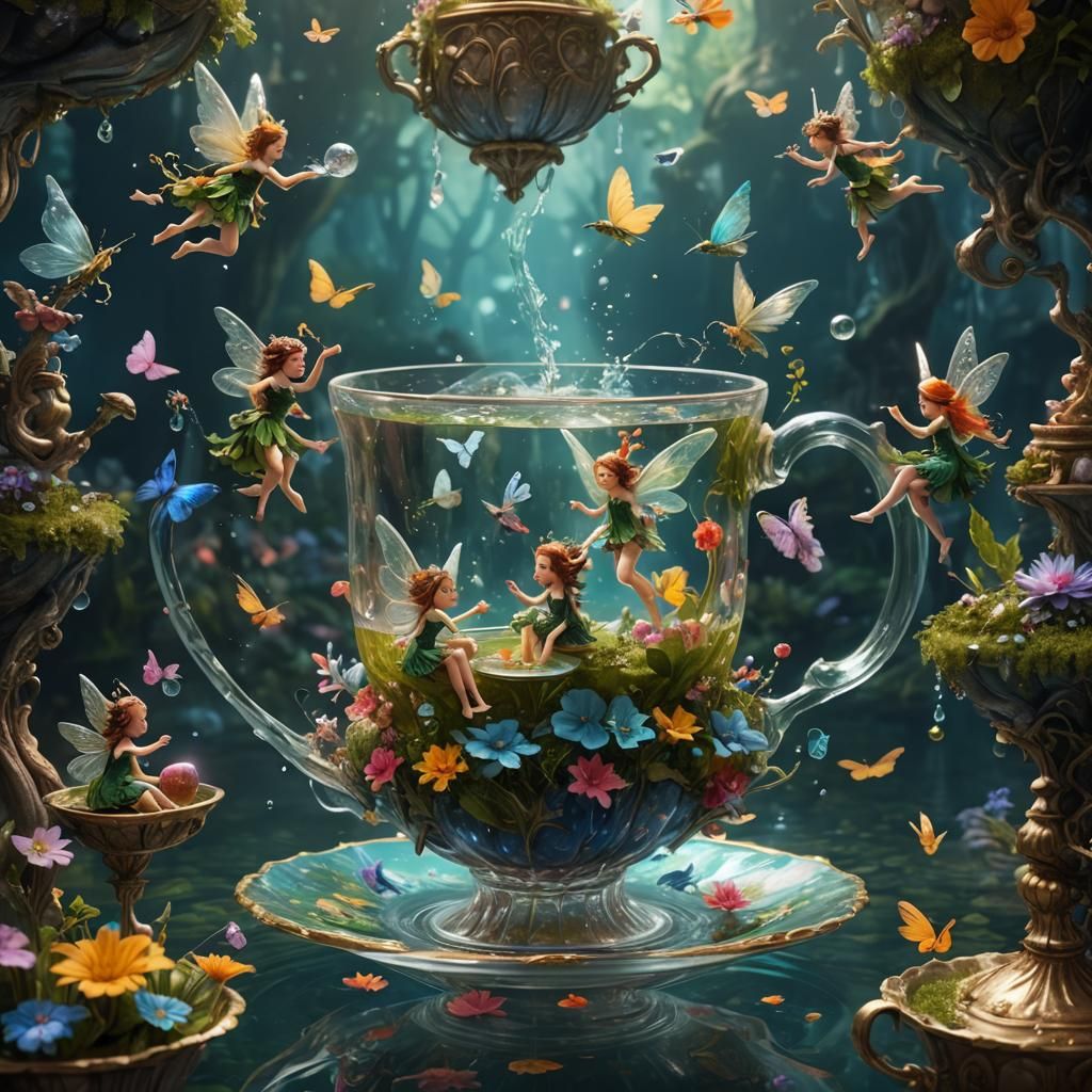 Fairies Play in Teacup: Fantasy Concept Art