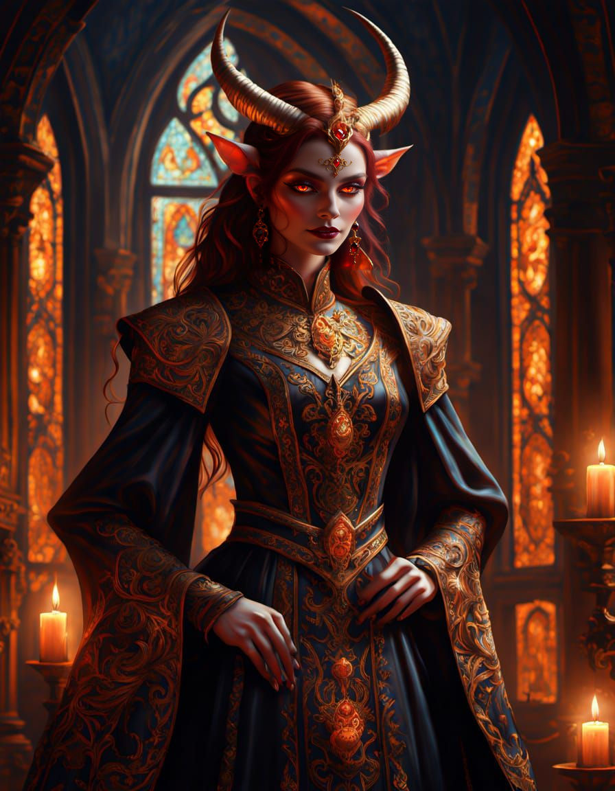 Crimson Tiefling Noblewoman in Gothic Hall