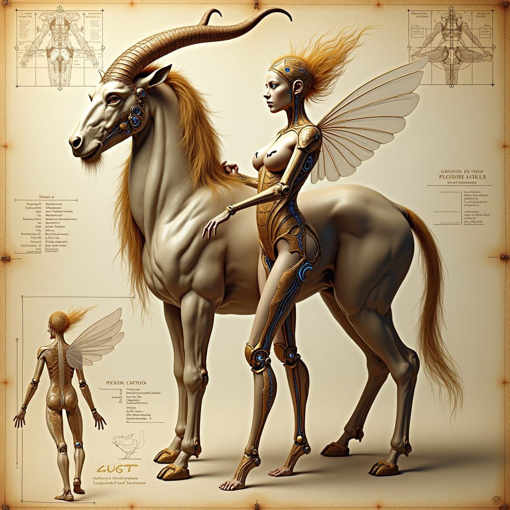 Mechanical Centaur and Pixie in Da Vinci Style