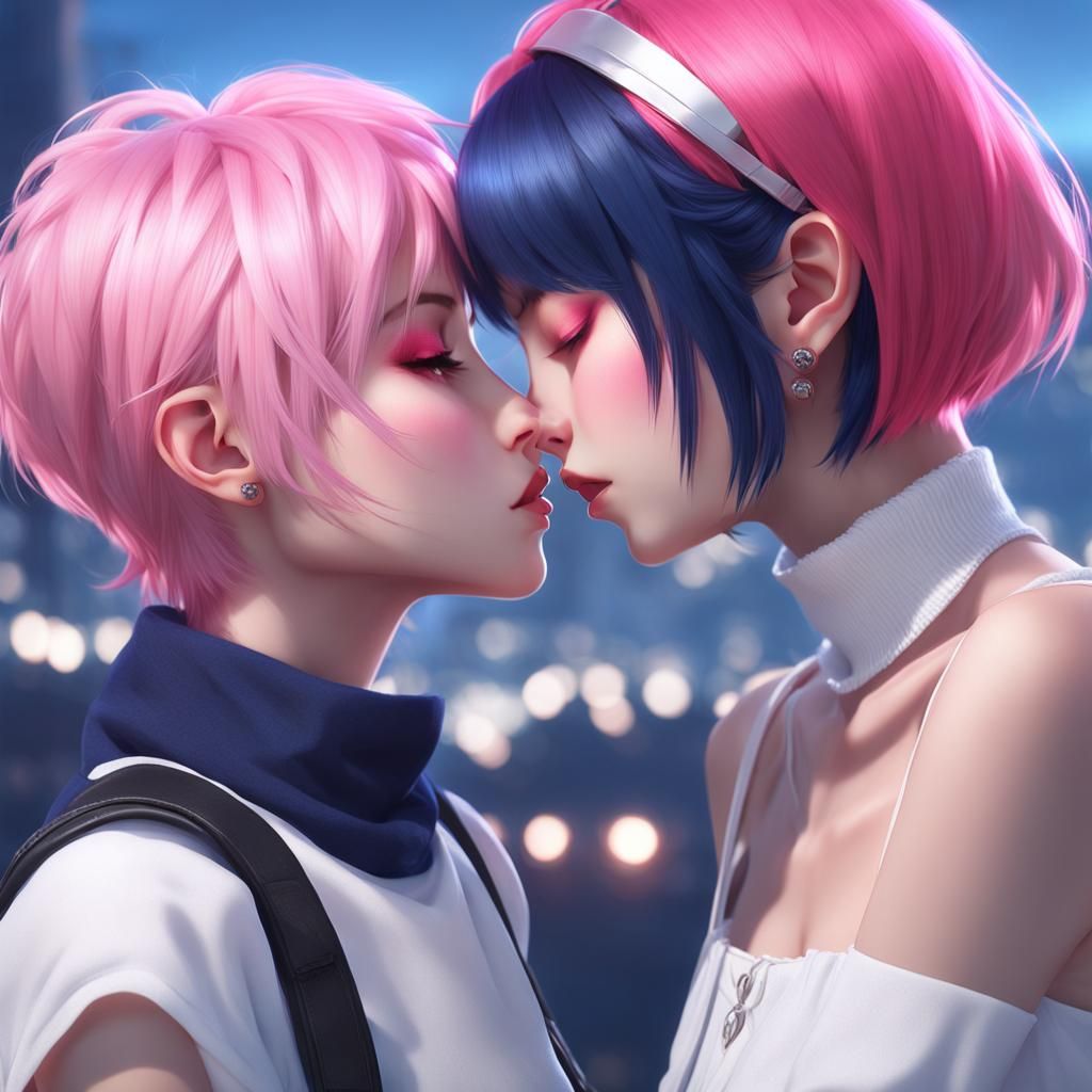 Anime Style: Two Women Kissing in 3D Rendering