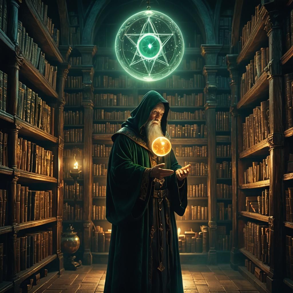 Mystic Wizard and Glowing Orb in Library