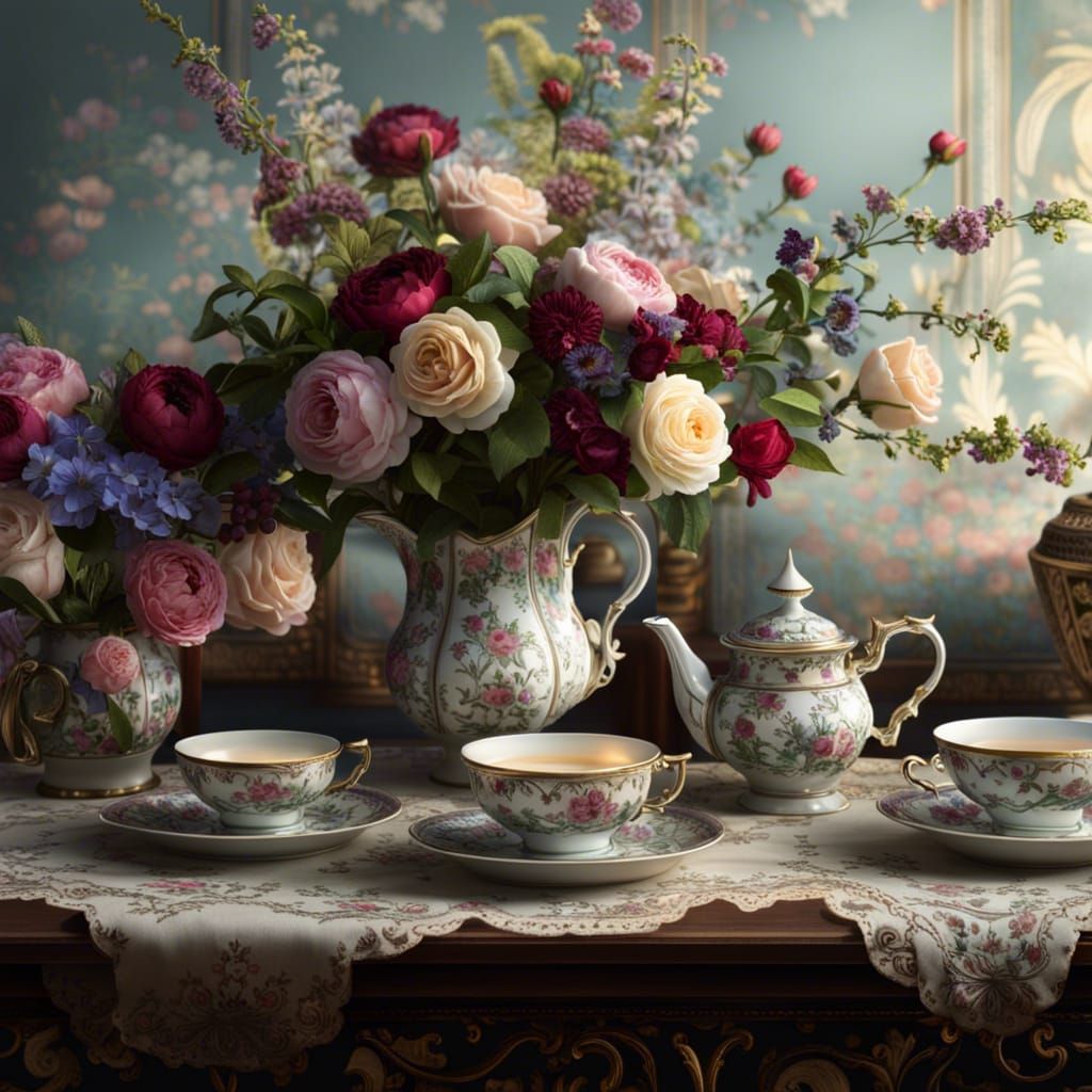 Vintage Tea Set with Flowers, Digital Matte Painting