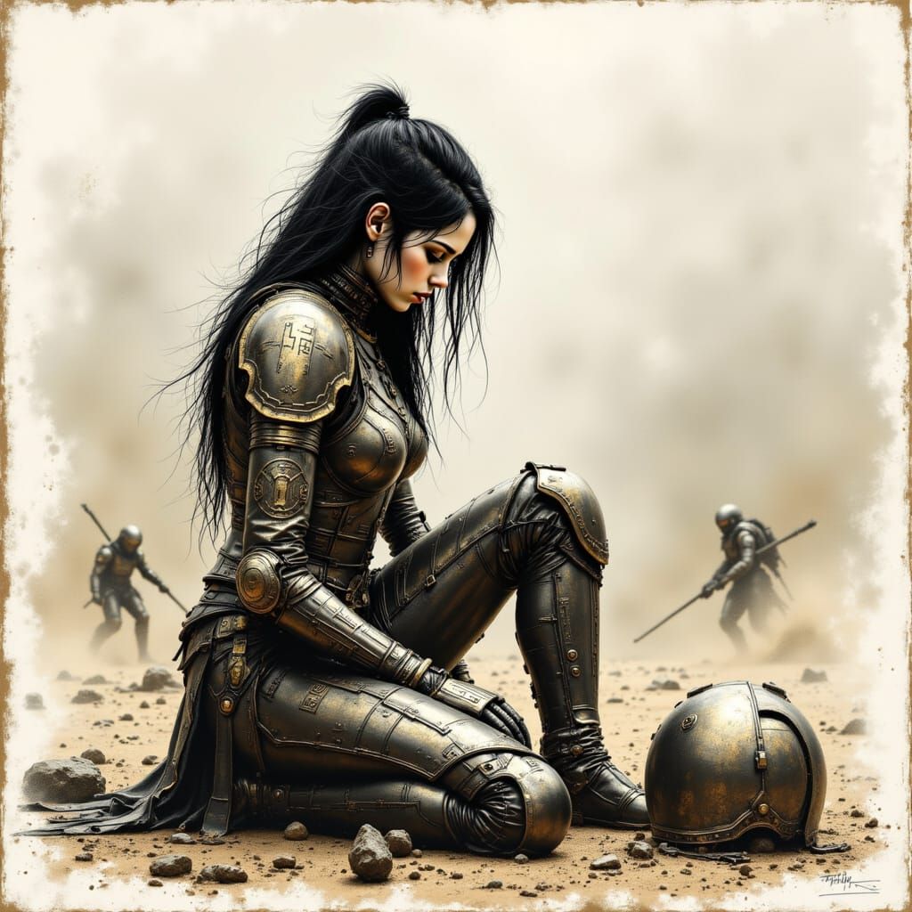 Woman in Defeated Metal Armor, Reflected in a Chaotic Battle...