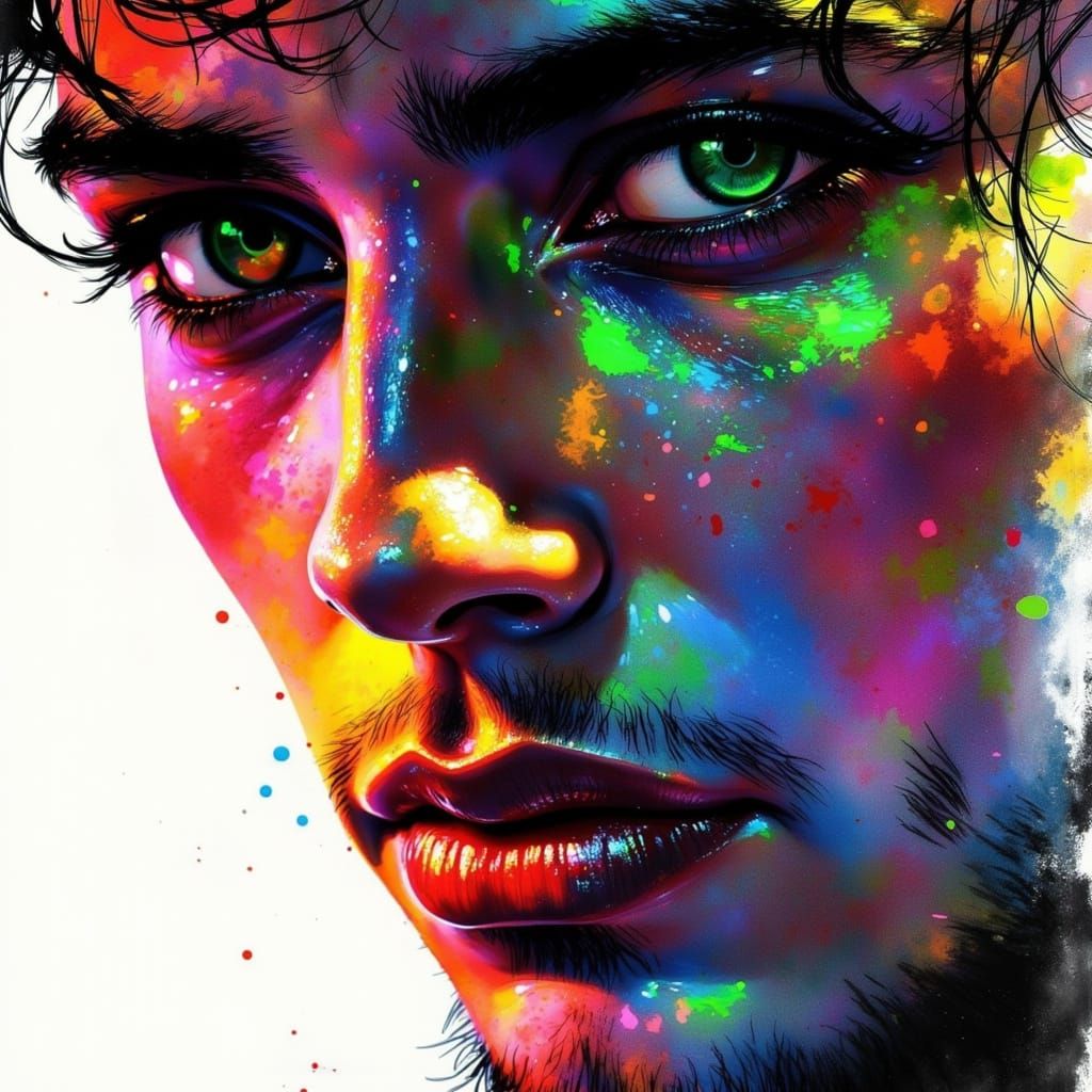 Vivid Green Eyed Man Splash Ink Portrait