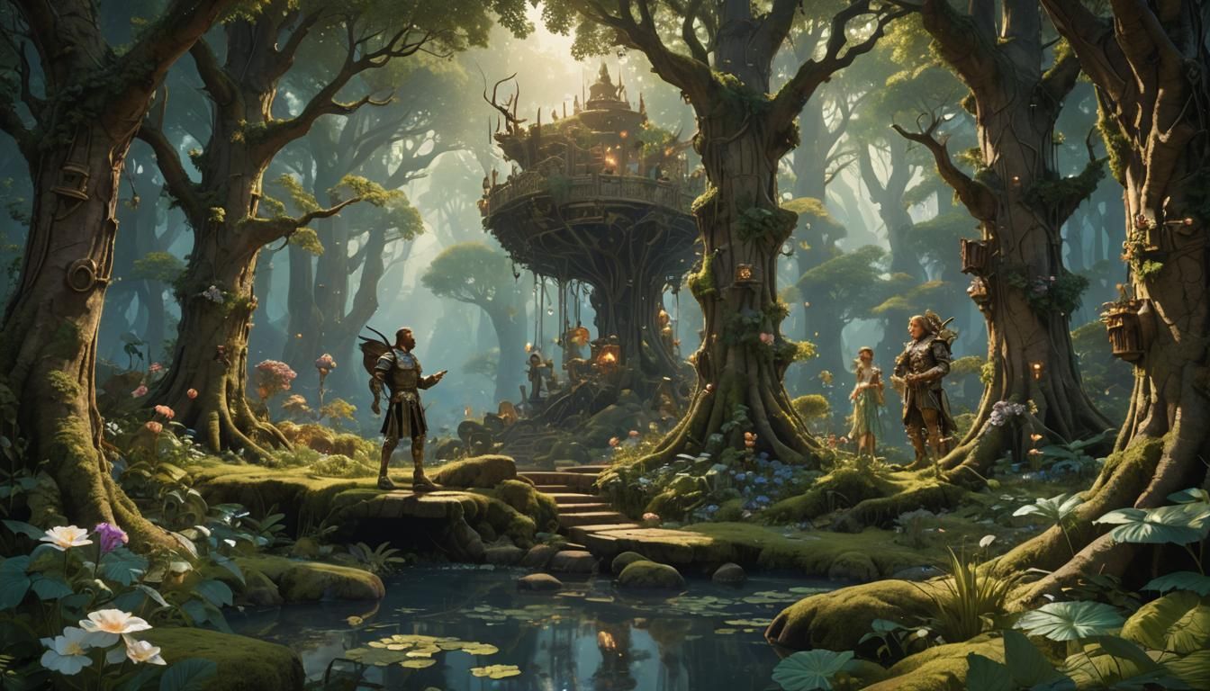 Shakespeare's Dream: A Maxfield Parrish-Style Forest