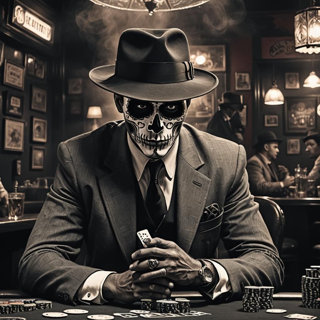 Sugar Skull Gangster Plays Poker in Film Noir Style