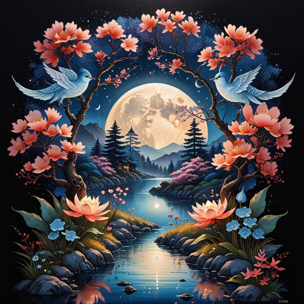 Serene Oriental Night Scene in Dreamy Manga Style