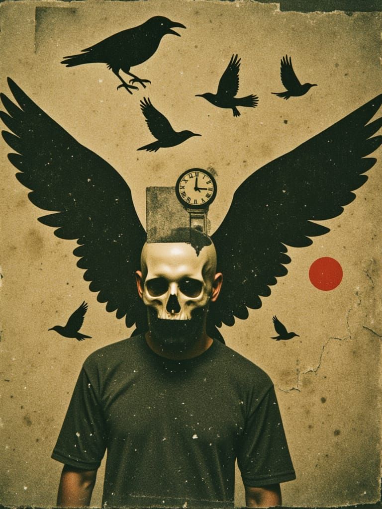 Steampunk Angel Head with Gothic Wings, Surreal Collage