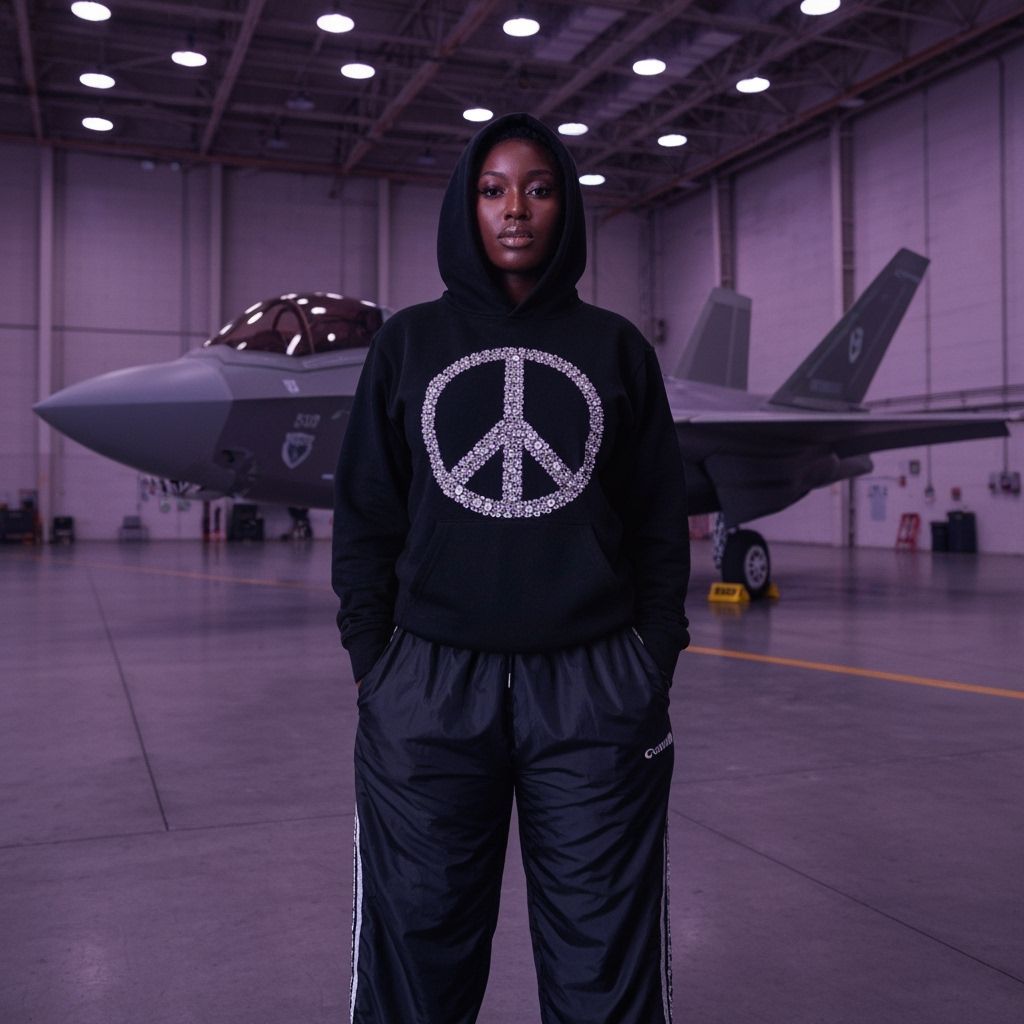 Black Woman in Diamond Hoodie with Fighter Jet
