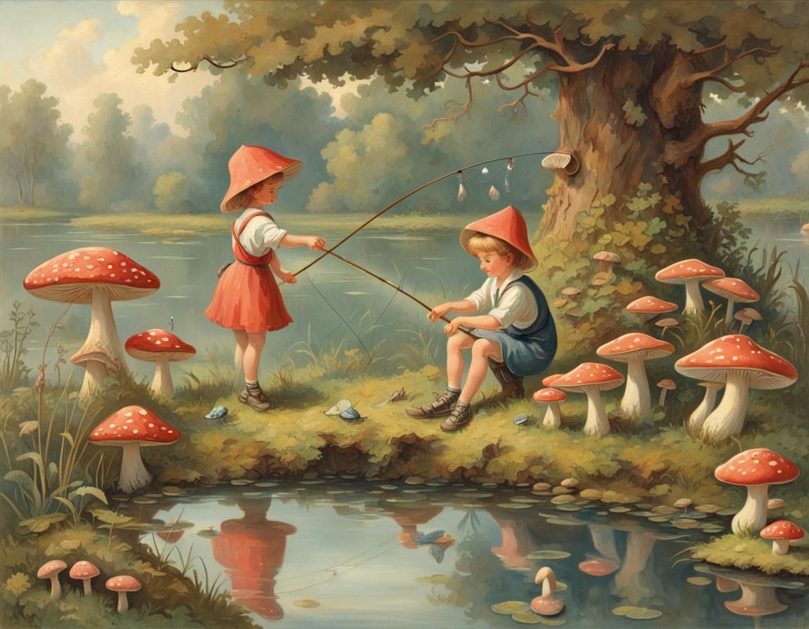 Children Fishing at Mushroom Pond