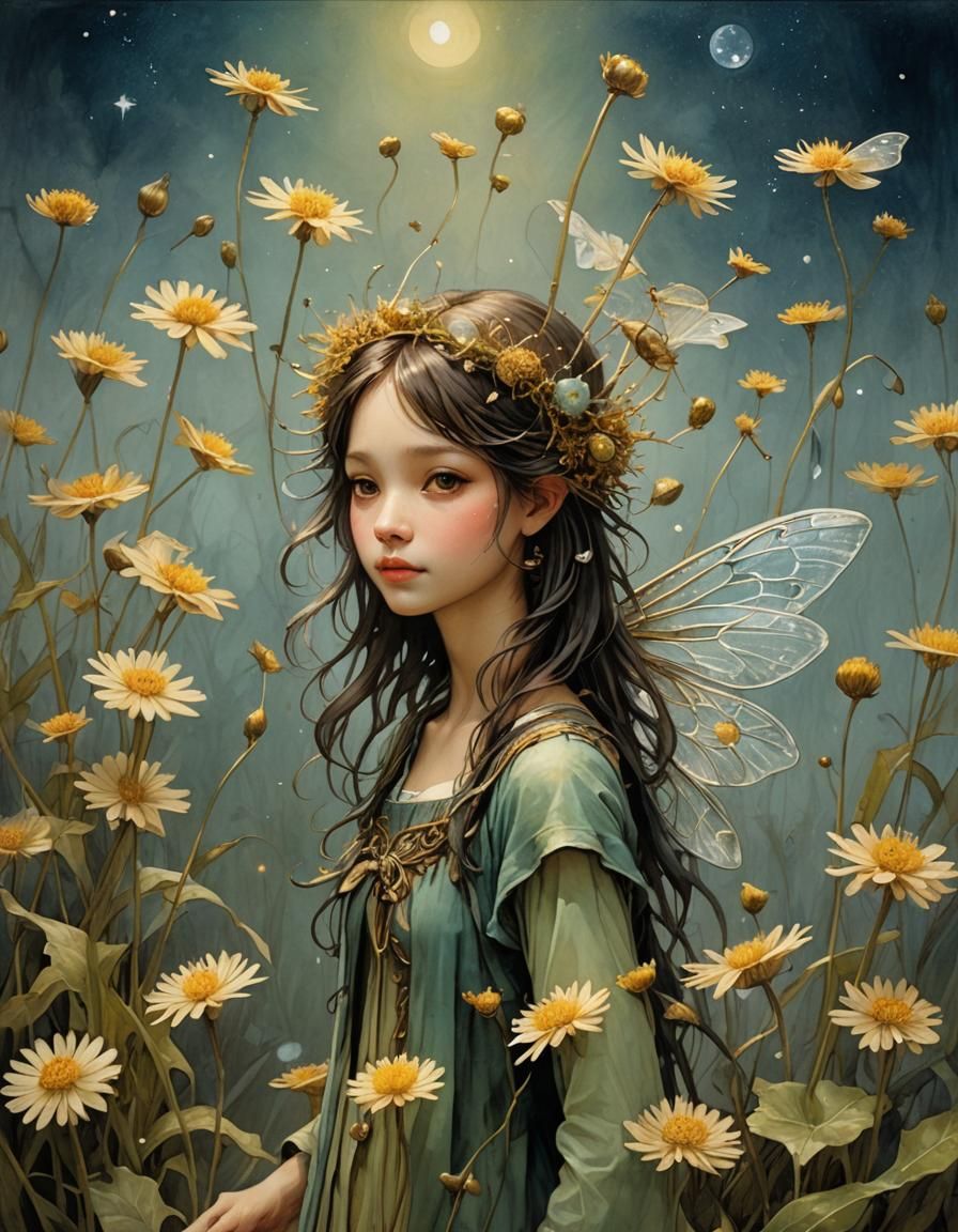 Firefly Fairy Girl: Mucha-Inspired Oil Painting