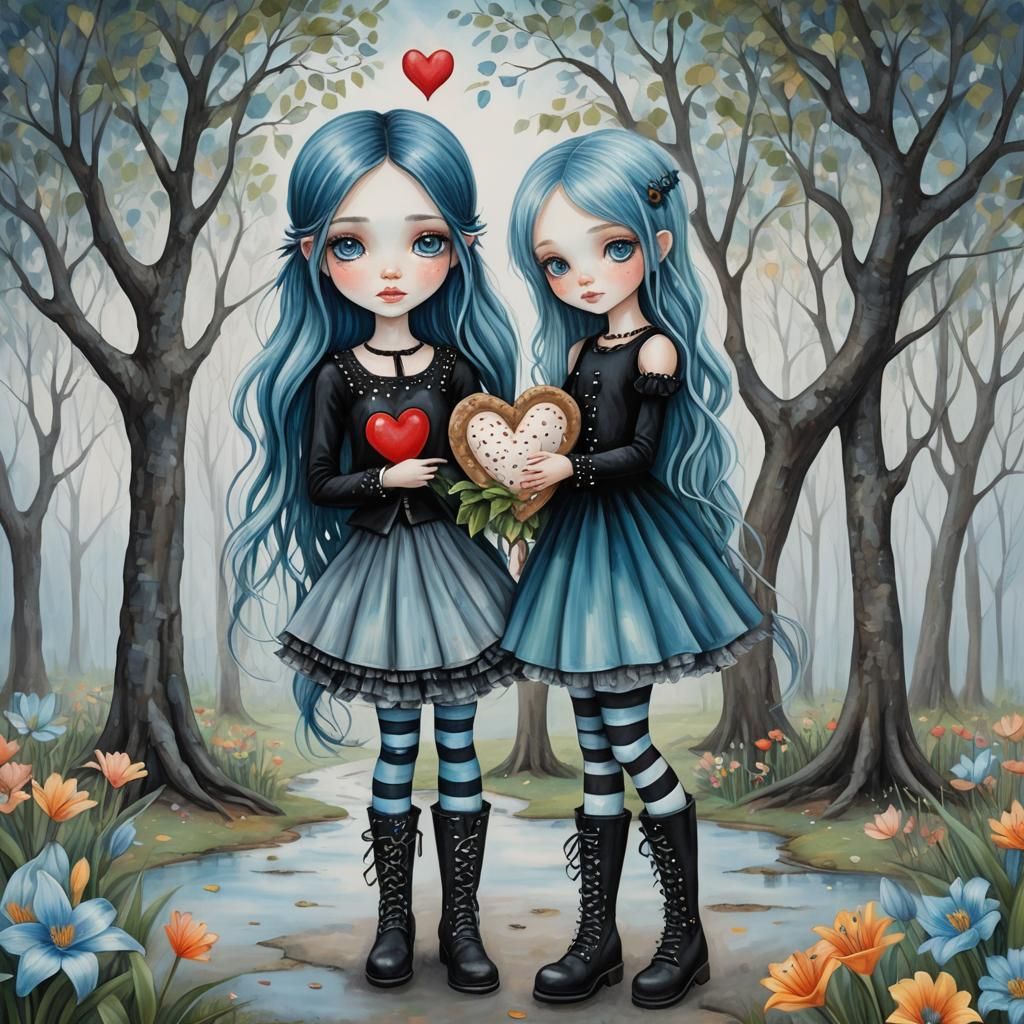 Girl with Blue Hair Holding Heart in Misty Scene
