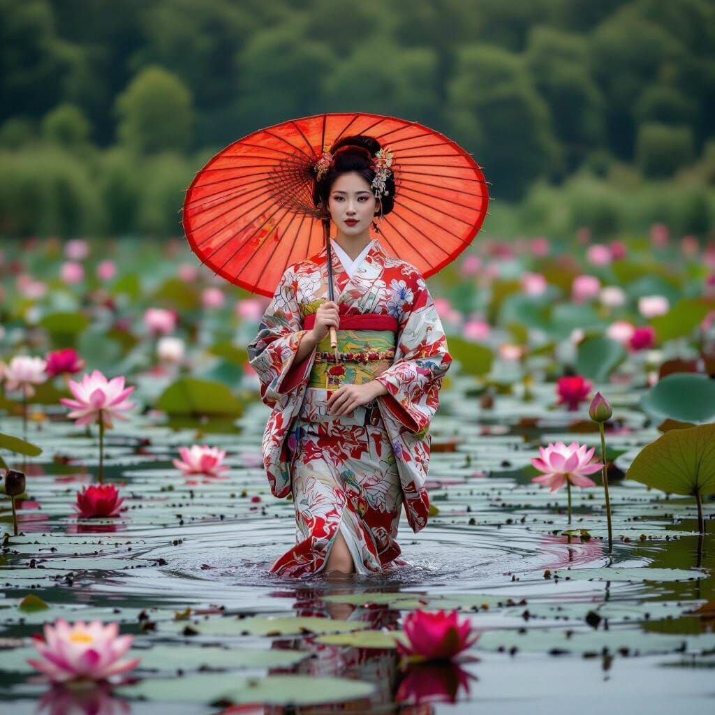 Asian Woman with Japanese Umbrella Amidst Surreal Water Lili...