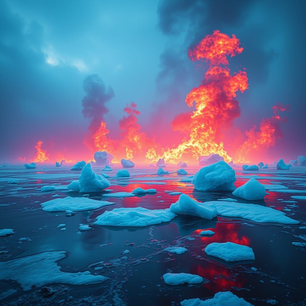 Frozen Lake Ablaze in Futuristic Digital Art Style