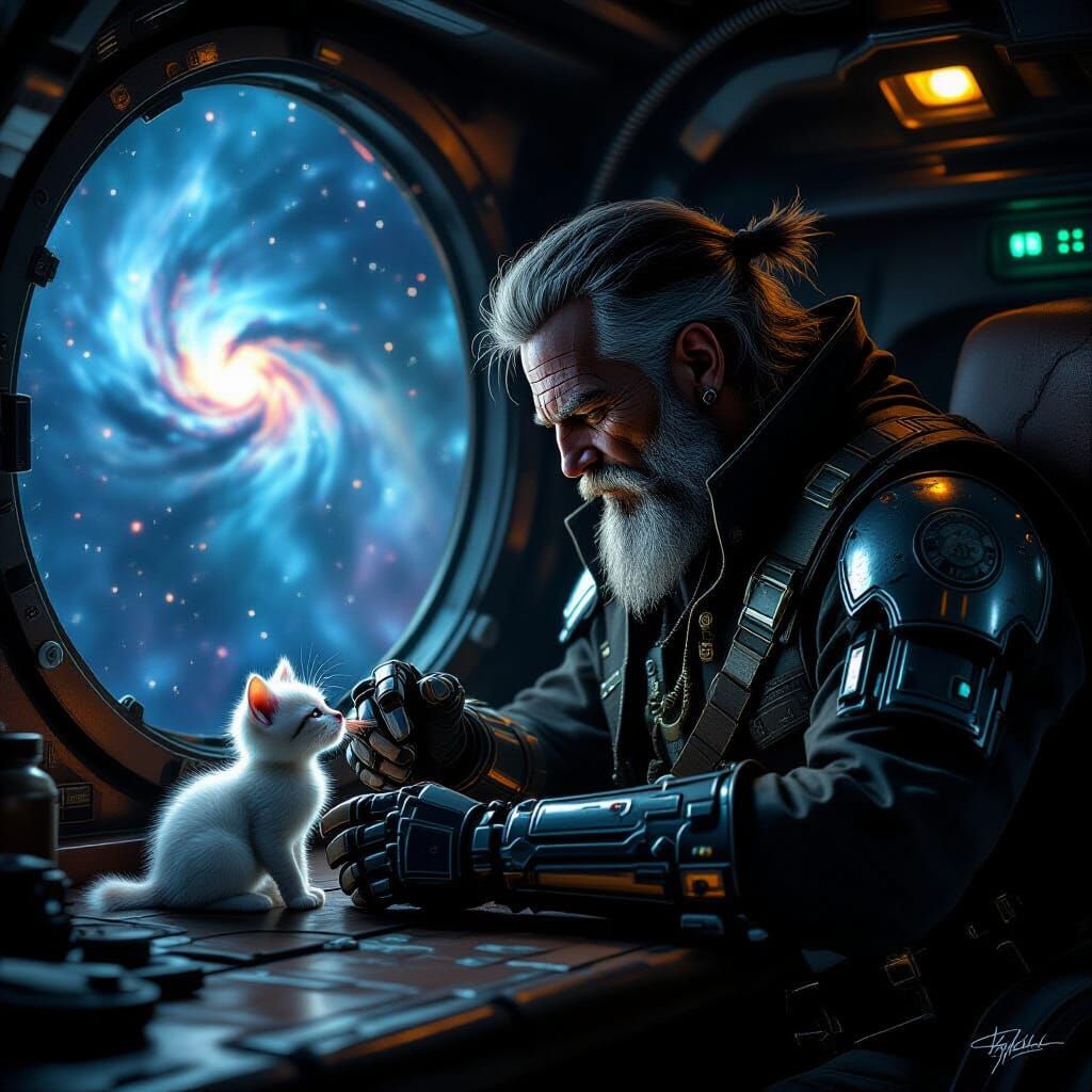 Space Pirate Gently Feeds Bioluminescent Kitten