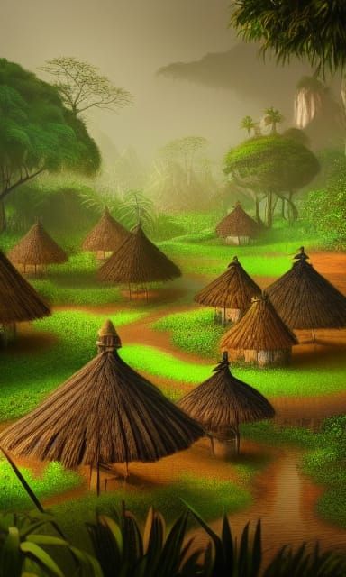 Jungle Village at Dawn: A Detailed Matte Painting