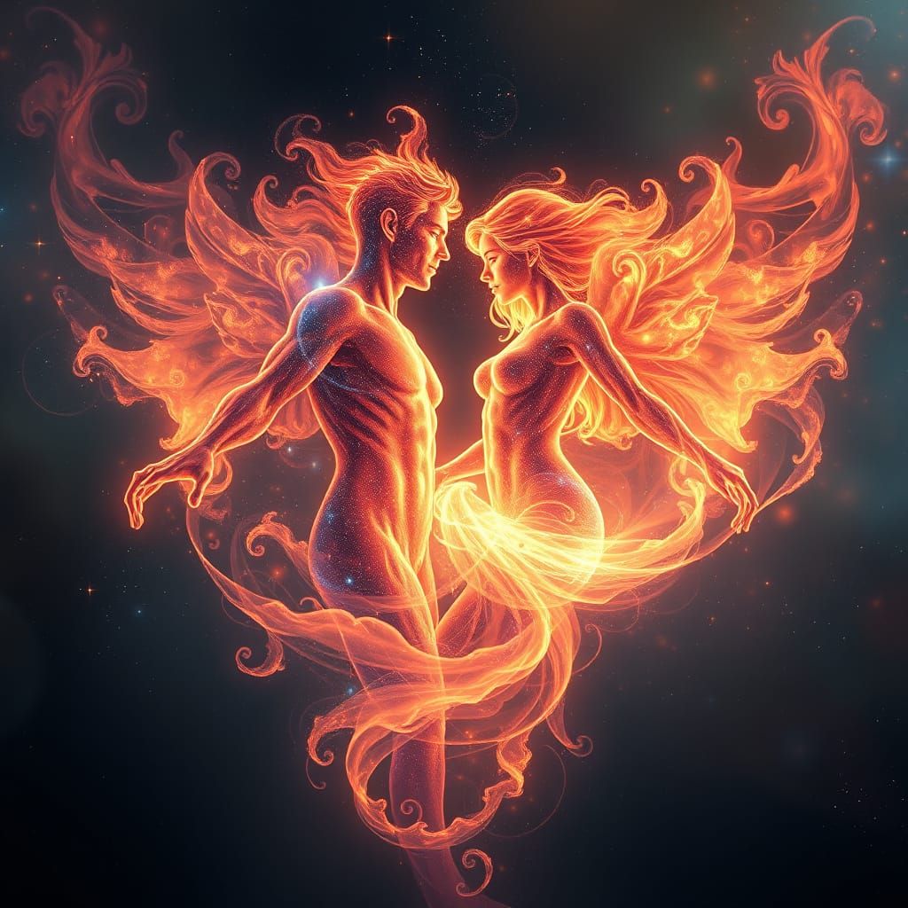 merging of luminous twin flames, a man and a woman, made of ...