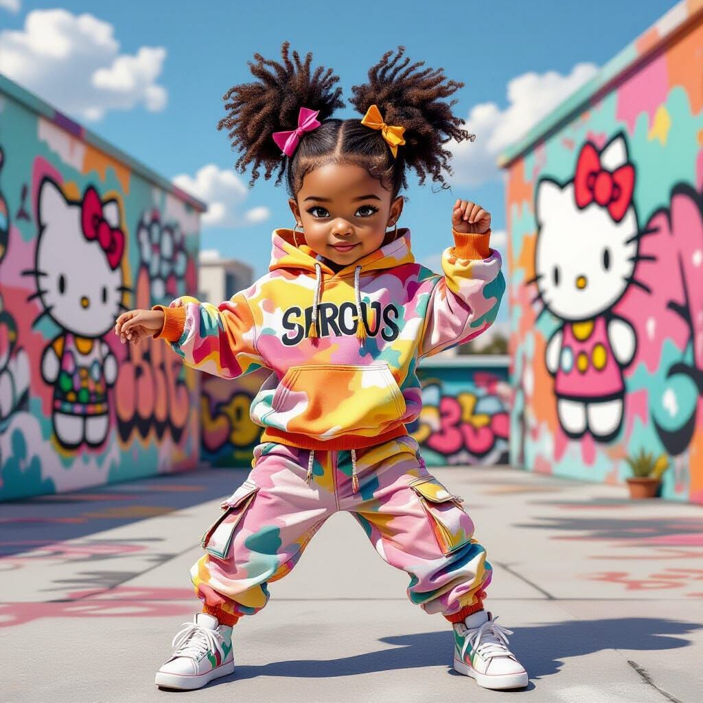 Vibrant Graffiti Art: Little Girl Dancing on Rooftop