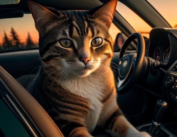 Cat Driving a Subaru BRAT at Sunset