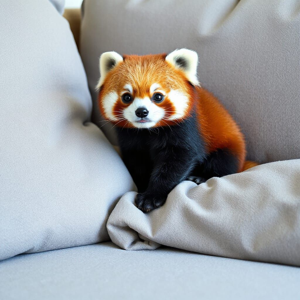 Realistic Red Panda Relaxing on Sofa