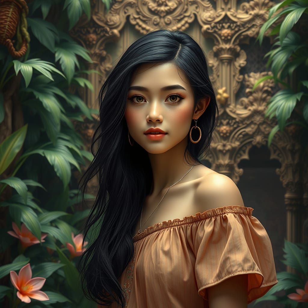 A young woman with dark hair and a soft expression stands in an ornate, tropical setting filled with lush plants and int...