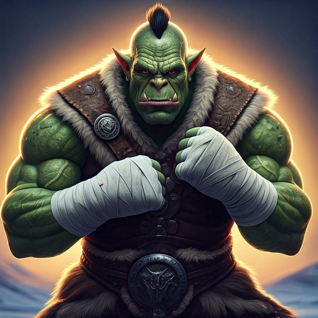 Muscular Ork Warrior in Tundra Sunset: 3D Digital Art