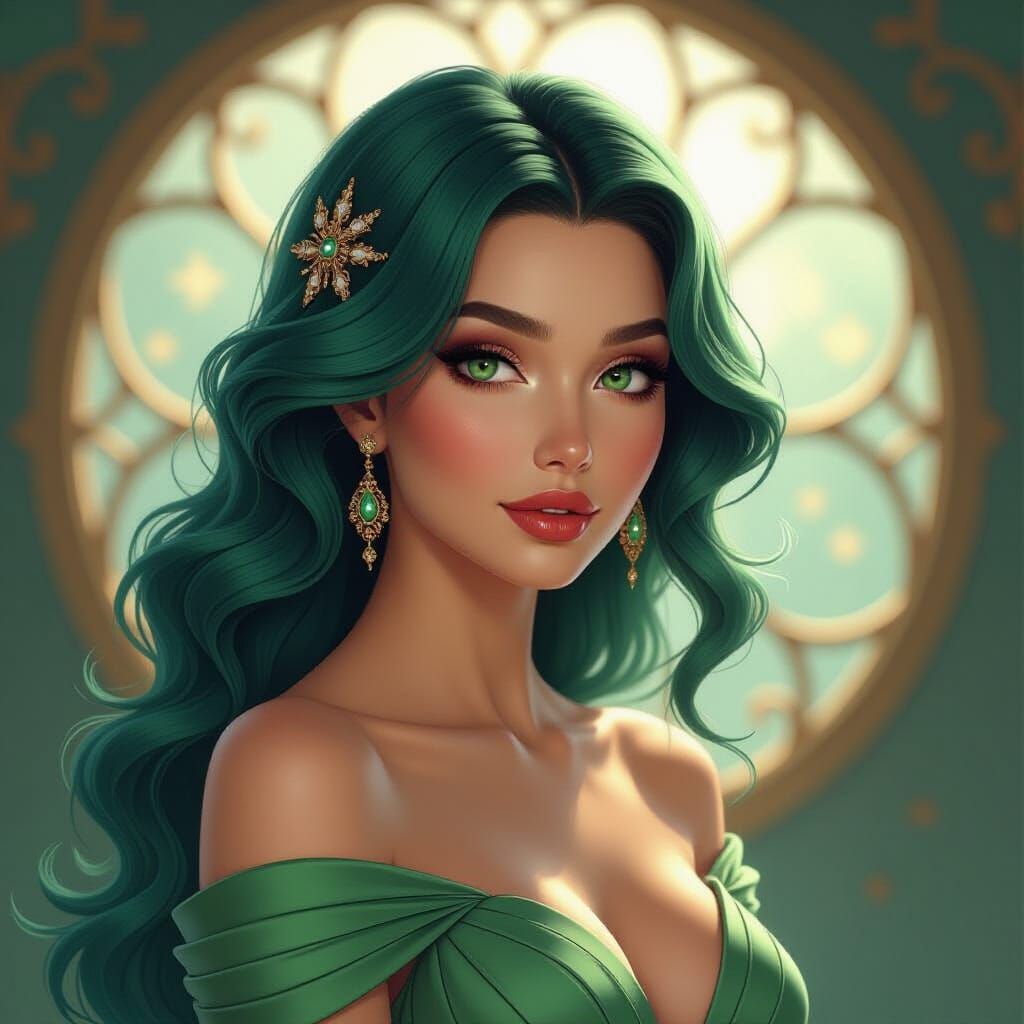 Green-Haired Princess Portrait in Art Nouveau Style