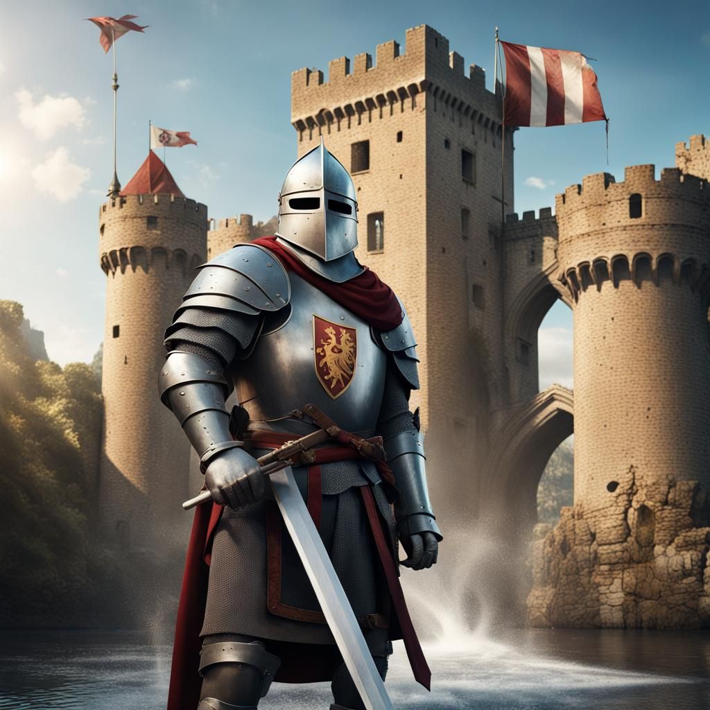 Brave Knight Guards Medieval Castle Drawbridge