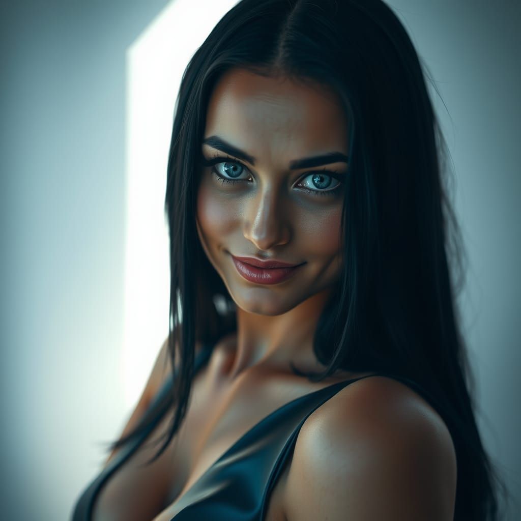 Captivating Woman with Raven Hair in Dramatic Lighting