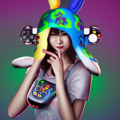 Woman with Bunny Hat Holding Xbox Controller