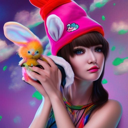 Kawaii Lady with Bunny Hat, Hyperdetailed Digital Art