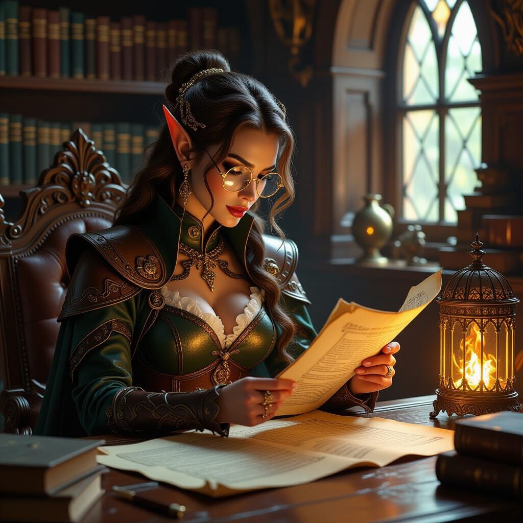 Elven Scholar in Fantasy Study, Oil Painting Style