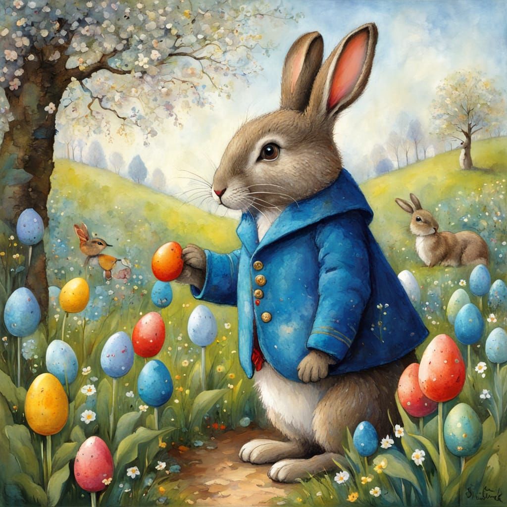 Whimsical Easter Bunny in a Floral Garden