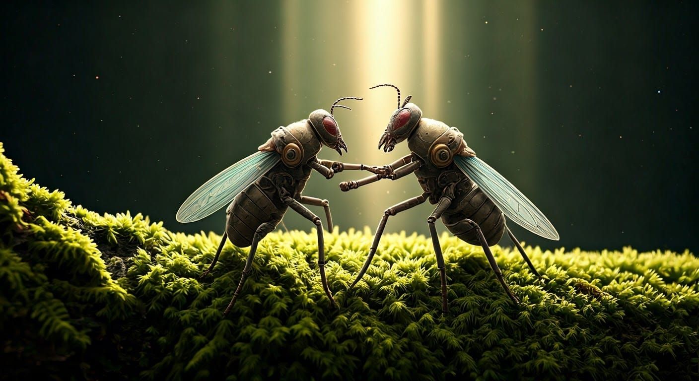 Insect Robots Boxing on Mossy Branch, Hypermaximalist Render