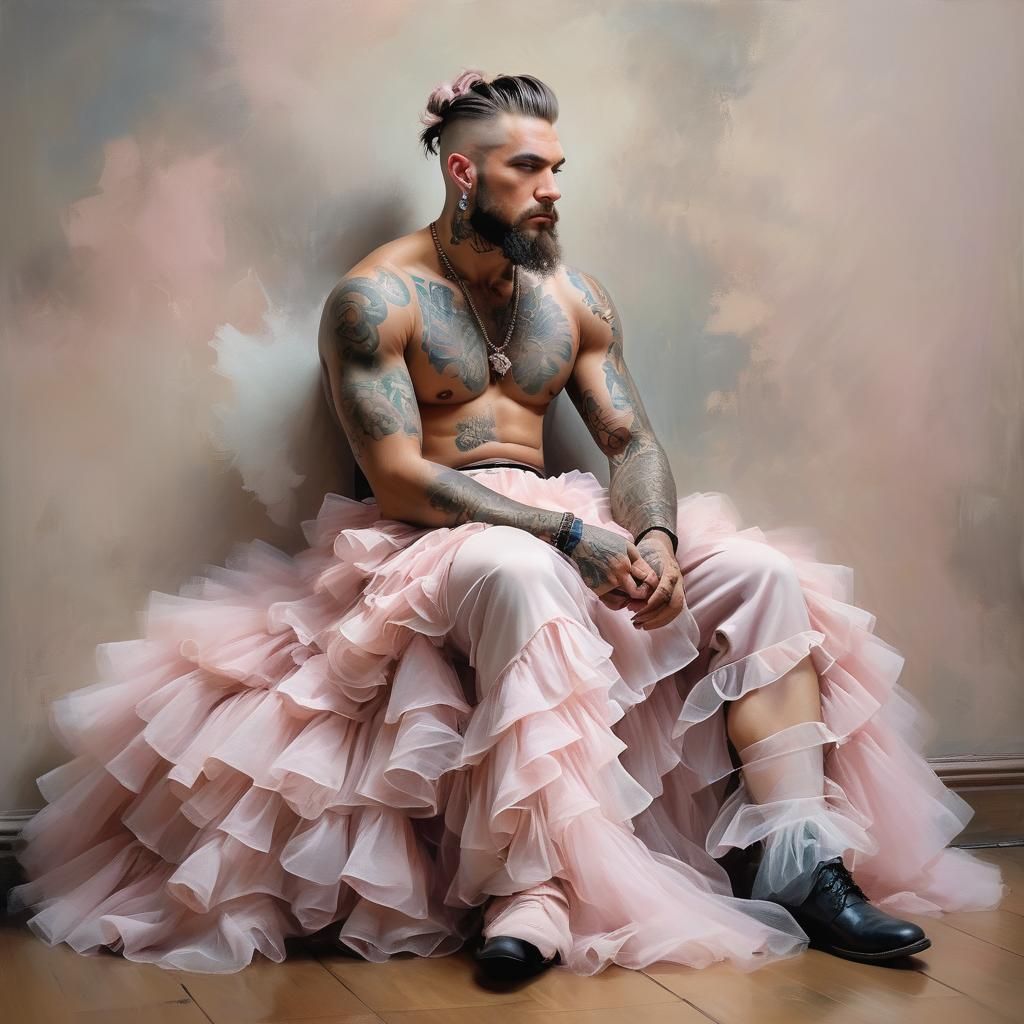 Tattooed Biker in Tulle Skirt Painting