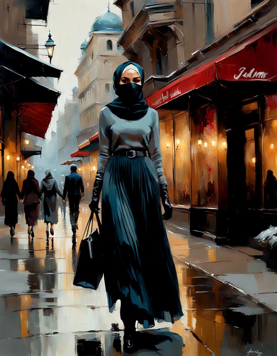 European Woman in Hijab Walking Through City
