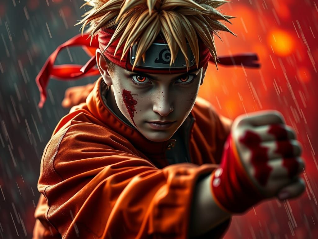 Naruto Uzumaki: Hyperrealistic Ninja in Crimson Rain