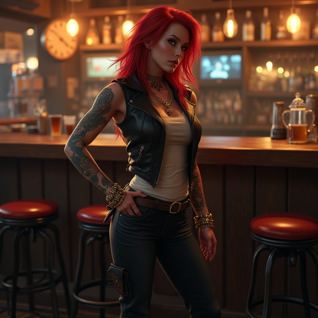 Realistic Portrait of a Tattooed Redhead Woman at a Bar