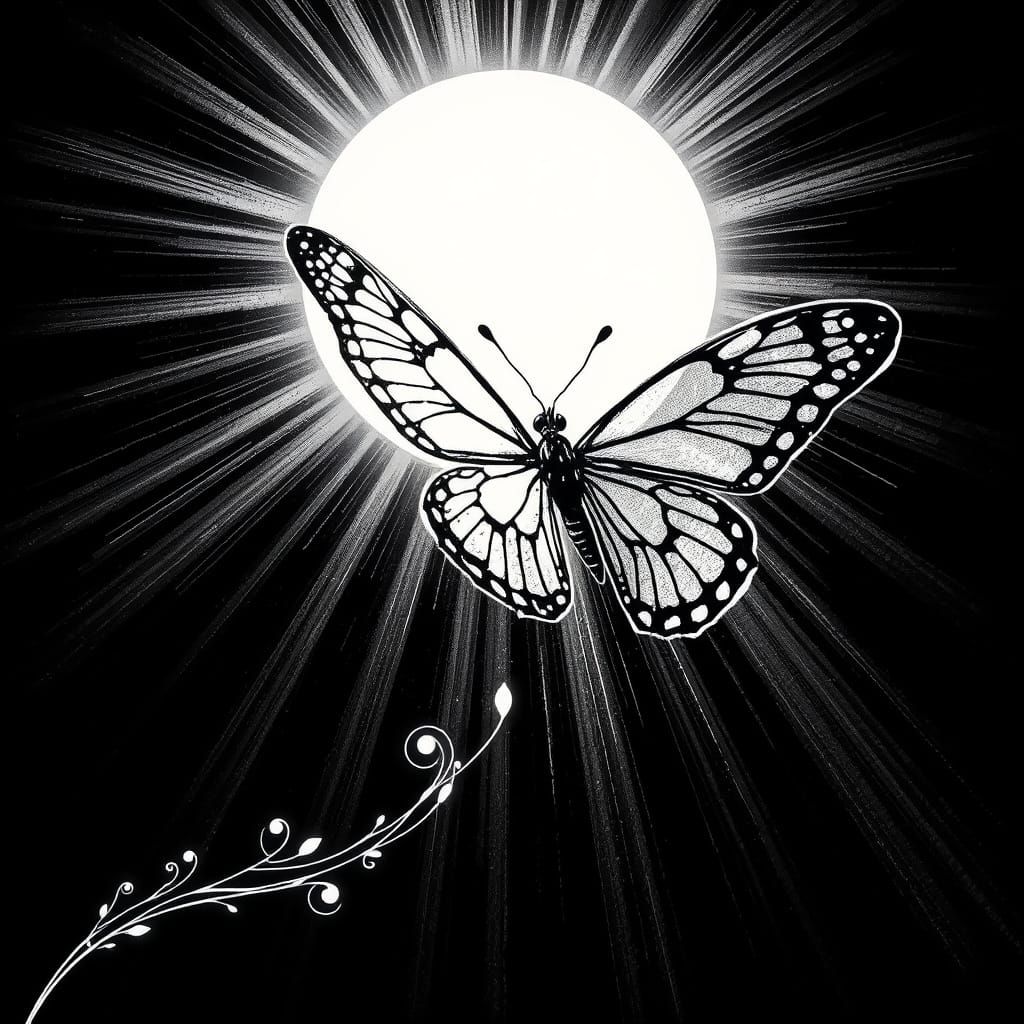 Ethereal Butterfly Ascends into Radiant Sunburst