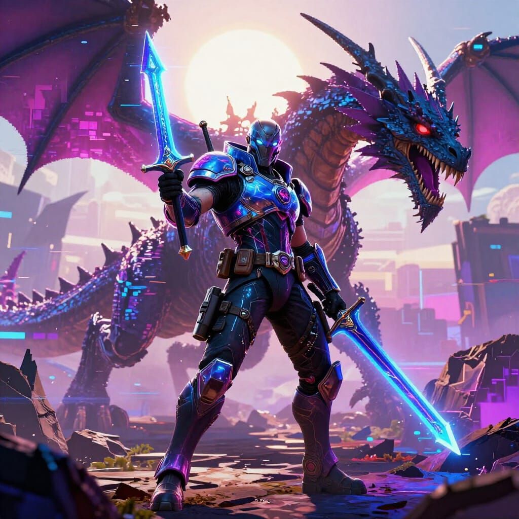 Cyberpunk Warrior Fights Dragon with Glowing Sword