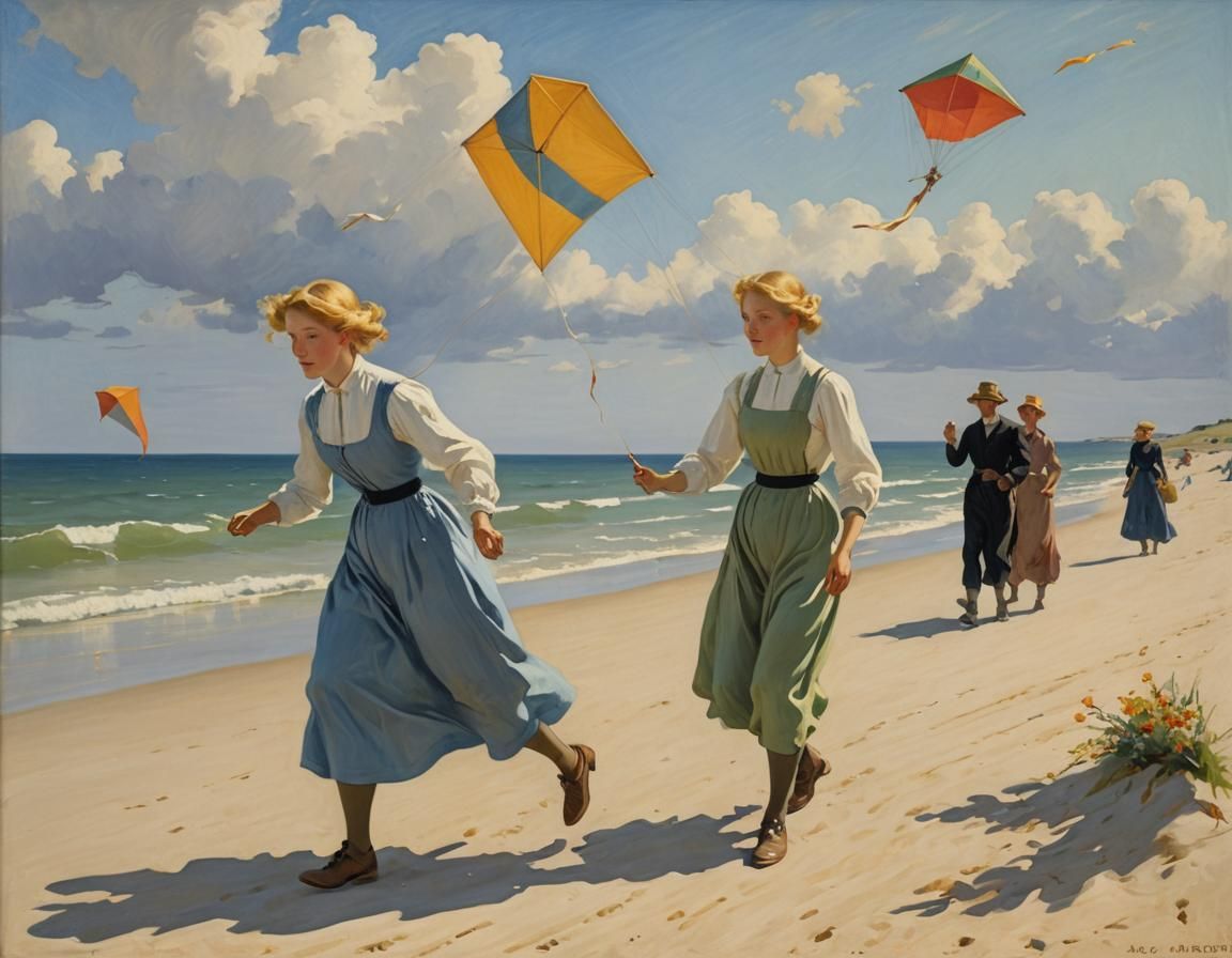 Youthful Beach Scene in Gouache Watercolor Style